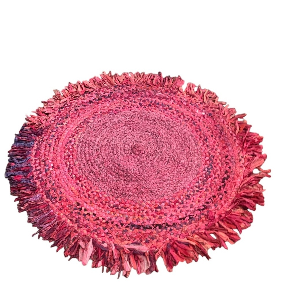 NWOT Handmade Braided Multi Color Block‎ Rag Rug With Fringe Round Rug, - Picture 1 of 12
